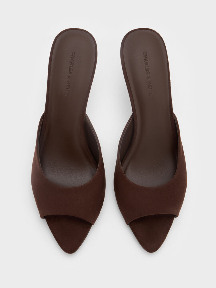 Sepatu Heeed Mules Peep-Toe Pointed Faux Suede, Dark Brown, hi-res