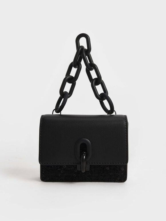 Wren Acrylic Chain Handle Tweed Card Holder, Black, hi-res
