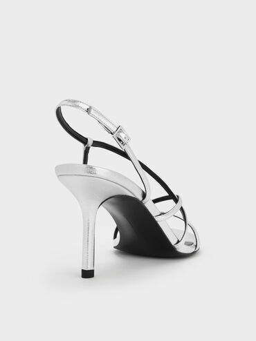 Metallic Strappy Stiletto-Heel Slingback Sandals, Silver, hi-res
