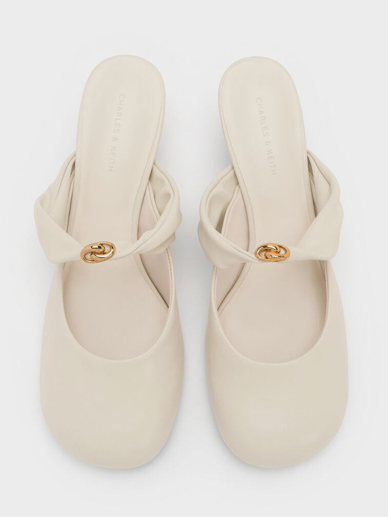 Sepatu Mules Heeled Twisted-Strap Metallic-Accent, Chalk, hi-res