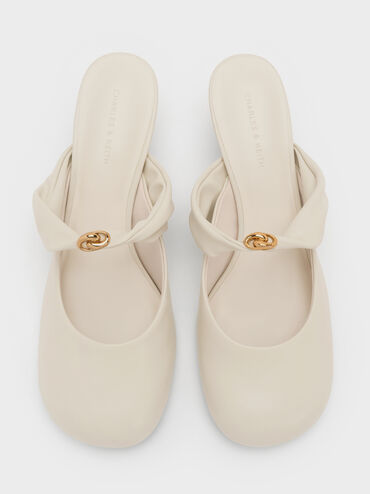 Sepatu Mules Heeled Twisted-Strap Metallic-Accent, Chalk, hi-res