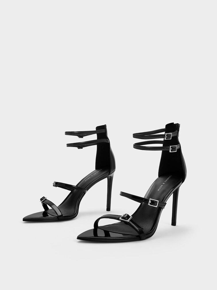 Patent Strappy Heeled Sandals, Black Patent, hi-res