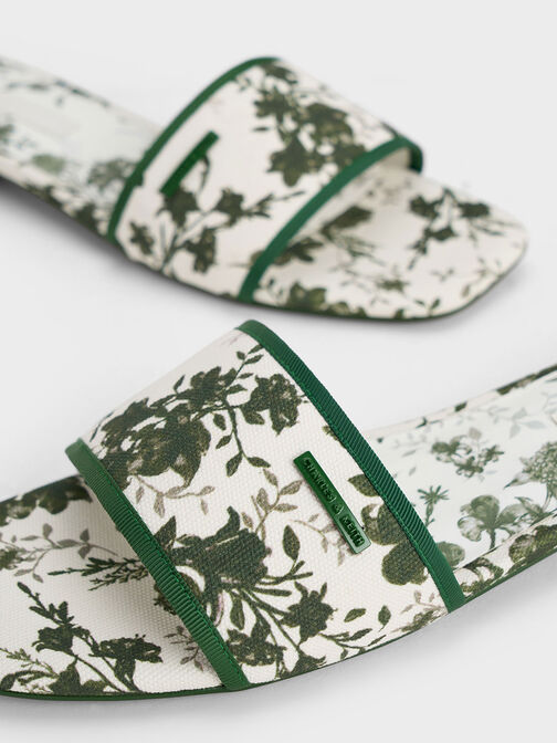 Sandal Slide Floral-Print, Green, hi-res