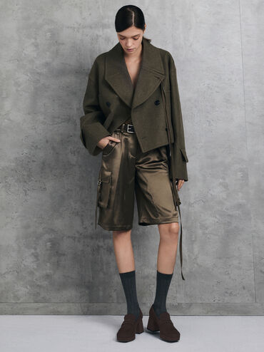 Sepatu Pumps Loafer Platform Block-Heel Faux Suede, Dark Brown Textured, hi-res