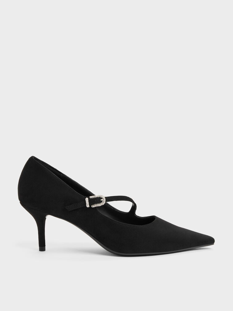 Faux Suede Asymmetric-Strap Pumps, Black Textured, hi-res
