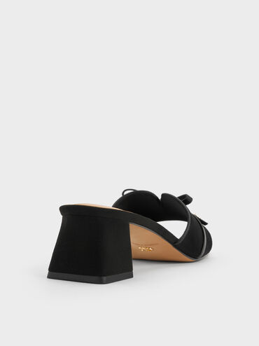 Sepatu Mules Heeled Bow Leather & Suede, Black Textured, hi-res