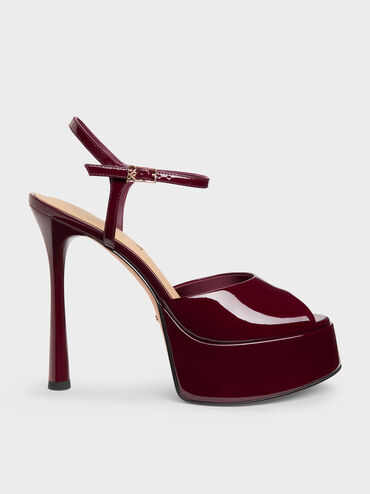 Sepatu Heels Platform Peep-Toe Leather Patent Francesca, Burgundy, hi-res