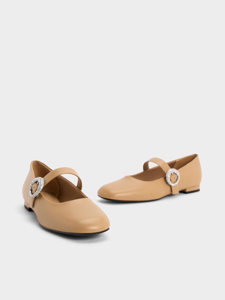 Sepatu Flats Mary Janes Crystal-Embellished Buckle, Camel, hi-res