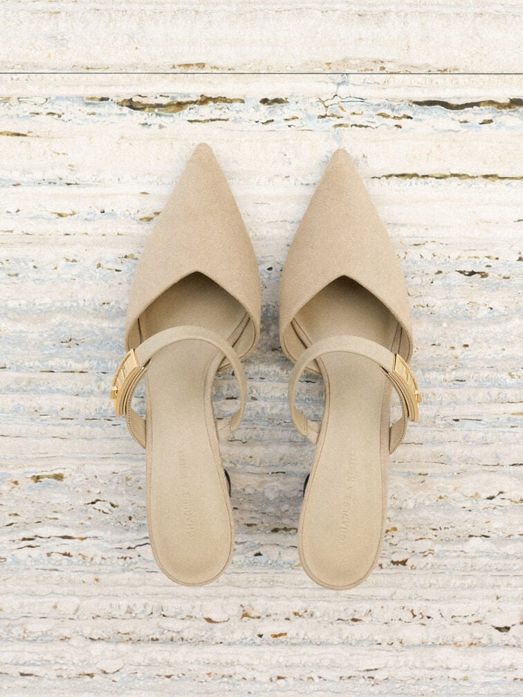 Sepatu Mules Heeled Lando Faux Suede, Beige, hi-res