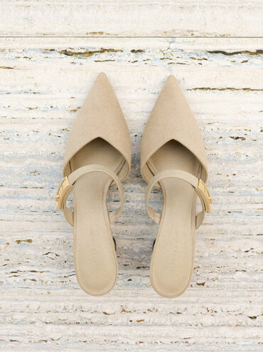 Sepatu Mules Heeled Lando Faux Suede, Beige, hi-res