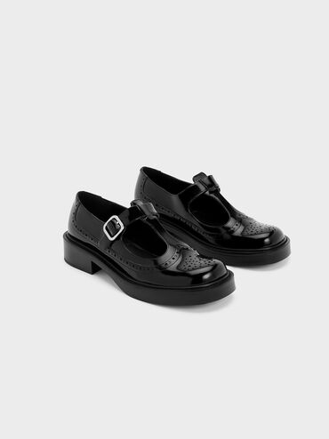 Sepatu Mary Janes Brogue Leather T-Bar, Black Box, hi-res