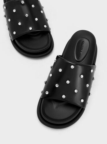 Sandal Slide Gem-Embellished Padded Strap, Black, hi-res