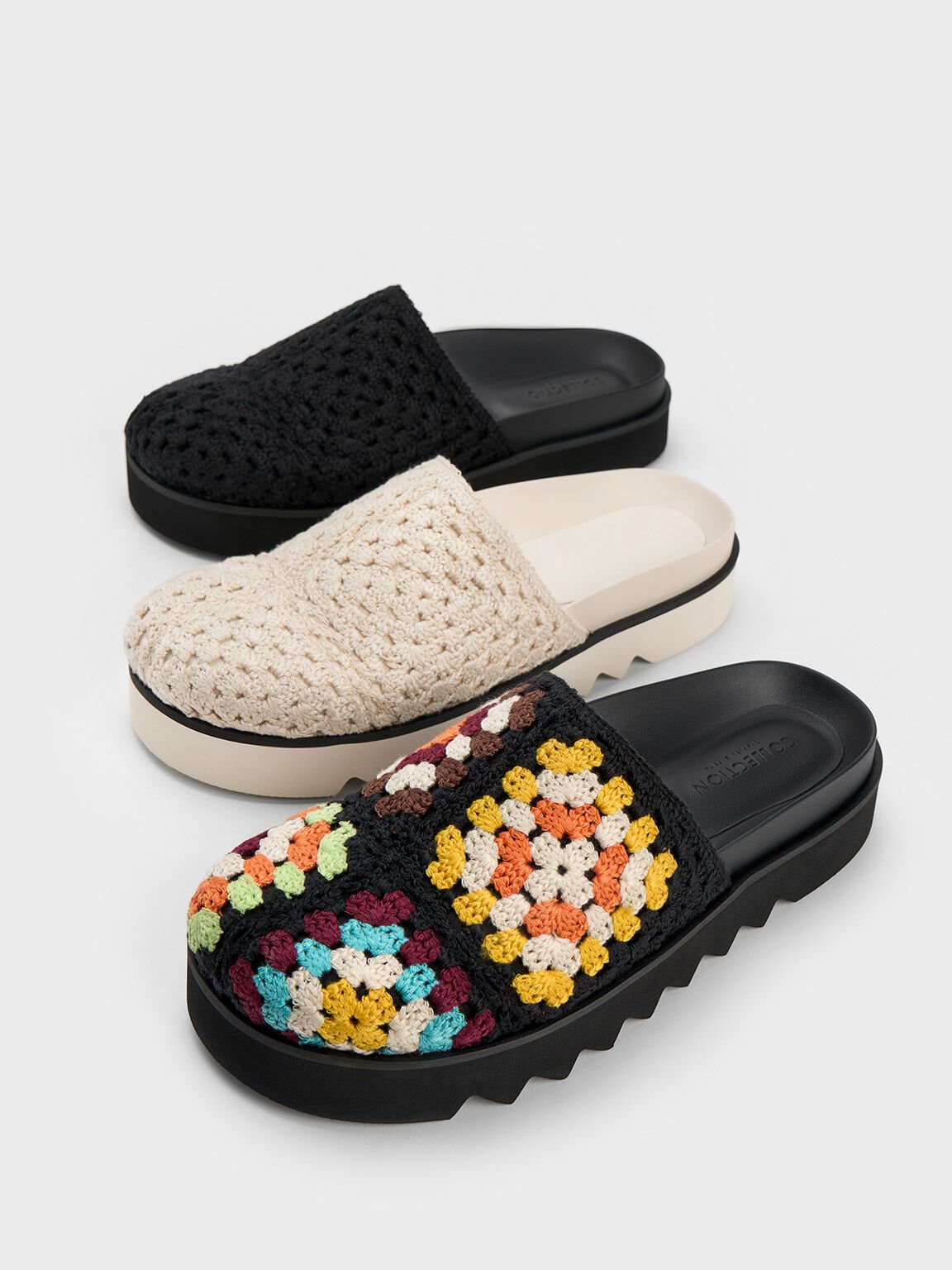 Sepatu Mules Platform Crochet, Black, hi-res