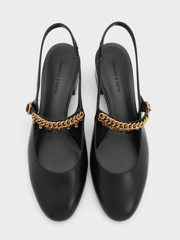 Sepatu Pumps Slingback Mary Jaane Charm Double-Chain, Black, hi-res