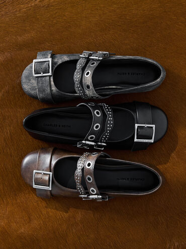 Aether Grommet Studded Mary Jane Flats, Black, hi-res