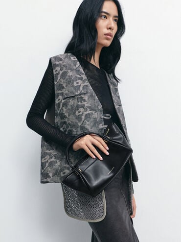 Clarice Pleated Double-Handle Tote Bag, Black, hi-res