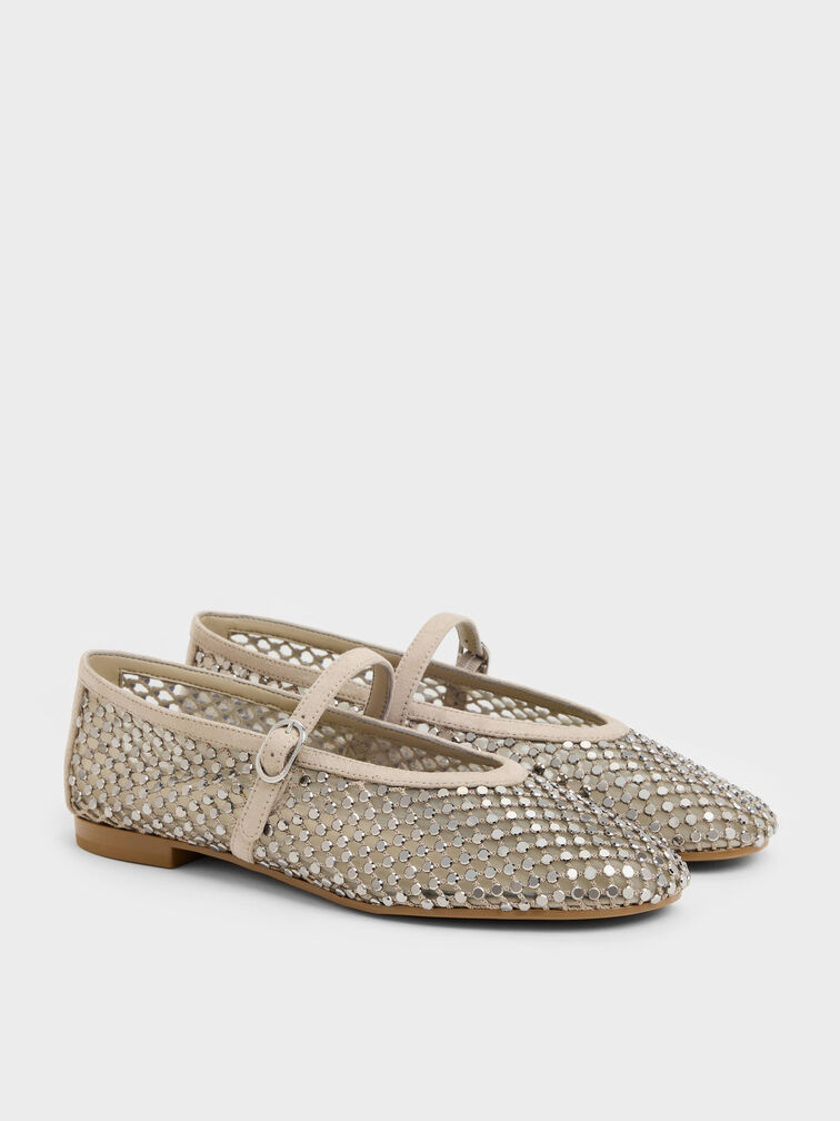 Maggie Mesh Crystal Mary Janes, Taupe, hi-res