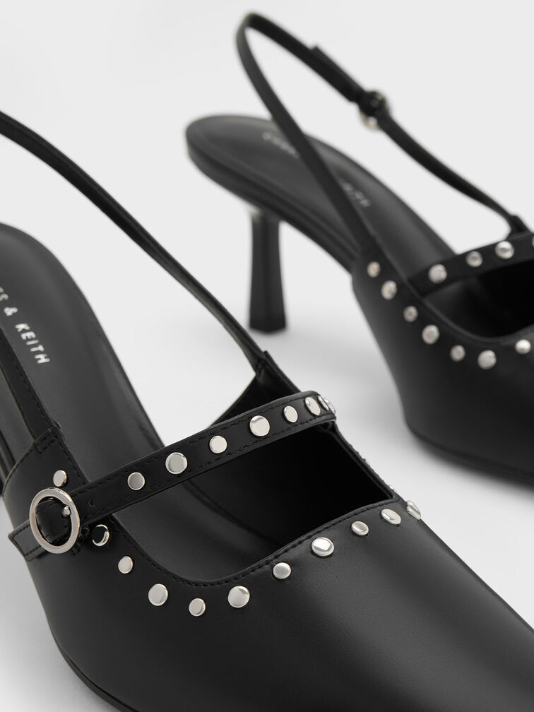 Sepatu Slingback Pumps Studded, Black, hi-res