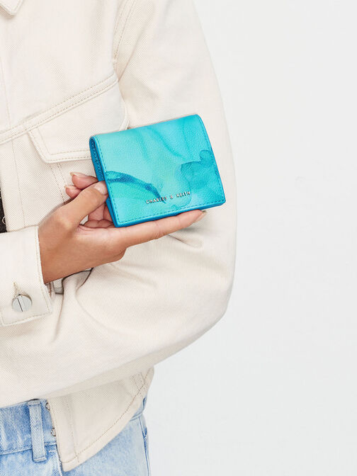 Marble-Print Bi-Fold Small Wallet, Blue, hi-res