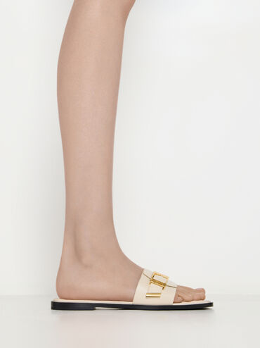 Sandal Slide Square-Toe Buckled Whitney Leather, Chalk, hi-res