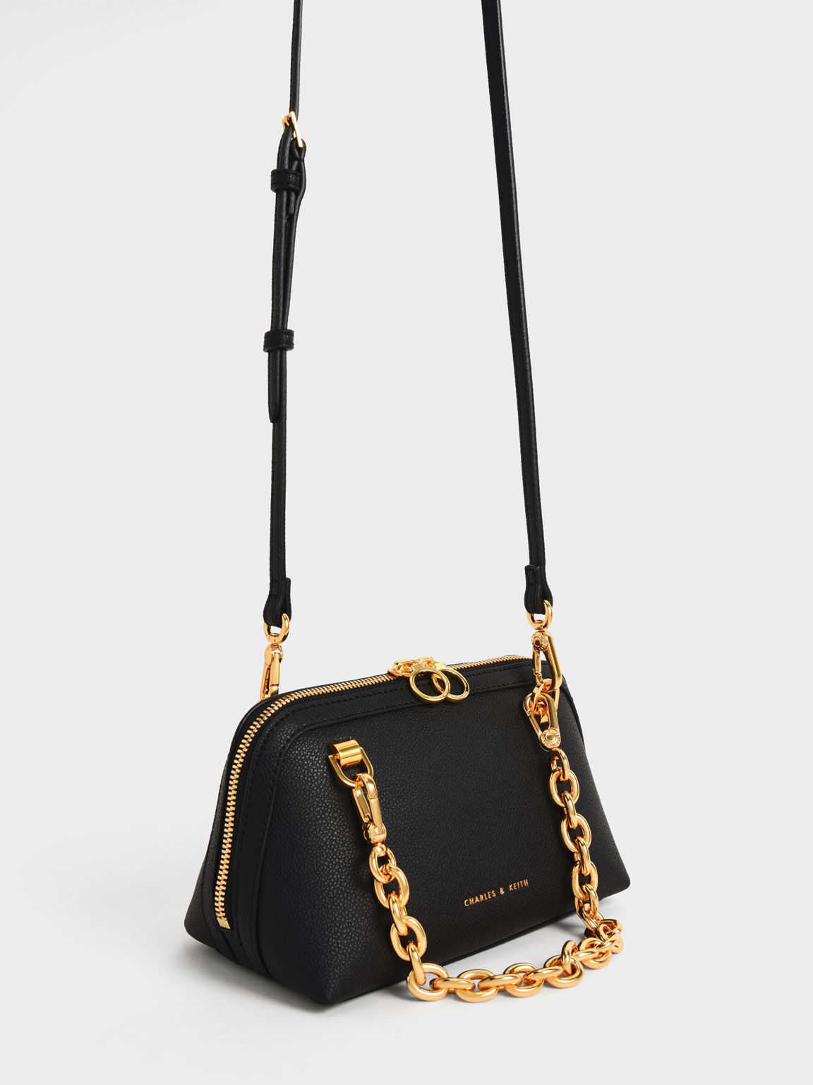 Chain Handle Two-Way Zip Crossbody Bag, Black, hi-res