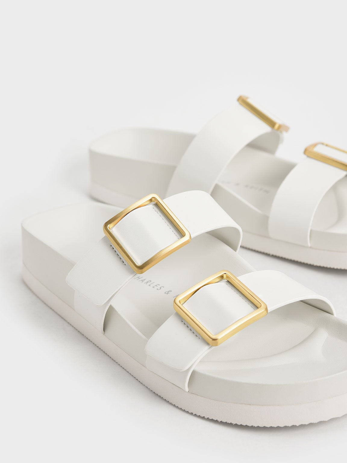 Sandal Slide Metallic Buckle, White, hi-res