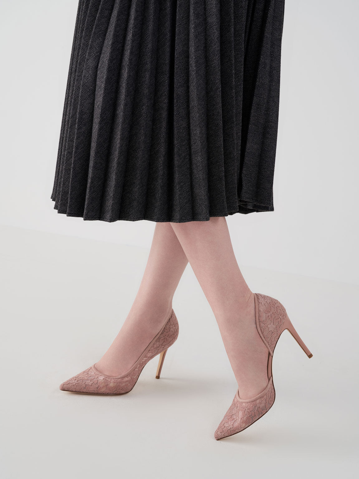 Sepatu Pumps Stiletto Lace & Mesh Half D'Orsay, Pink, hi-res