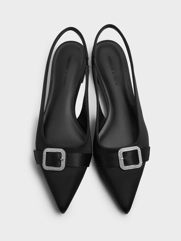Sepatu Slingback Flats Pointed-Toe Crystal-Buckle Satin, Black Textured, hi-res