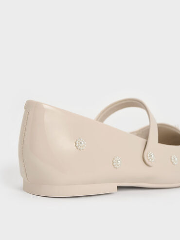 Sepatu Mary Janes Girls' Patent Flower-Beaded, Cream, hi-res