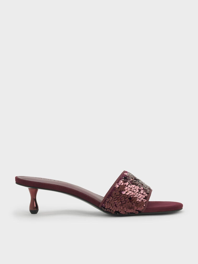 Sepatu Mules Heeled Ruthie Sequinned, Burgundy, hi-res