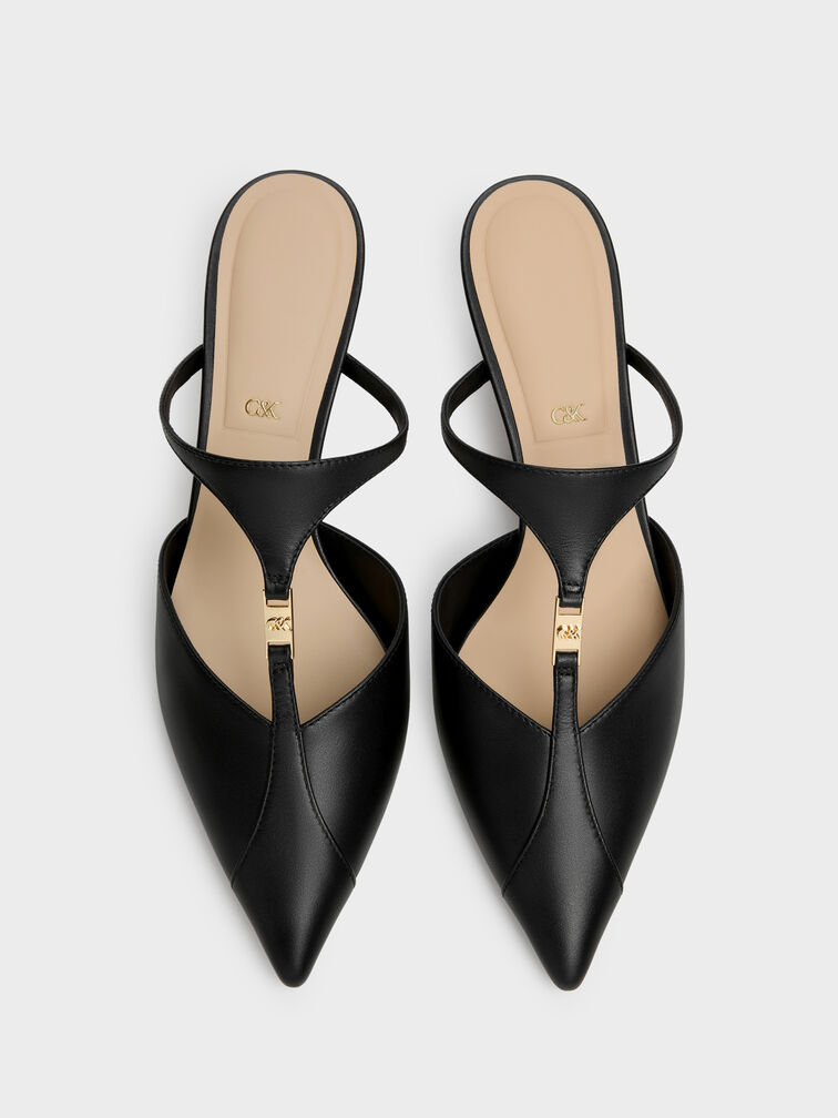 Leather T-Bar Pointed Kitten Heels, Black, hi-res