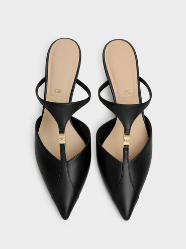 Leather T-Bar Pointed Kitten Heels, Black, hi-res