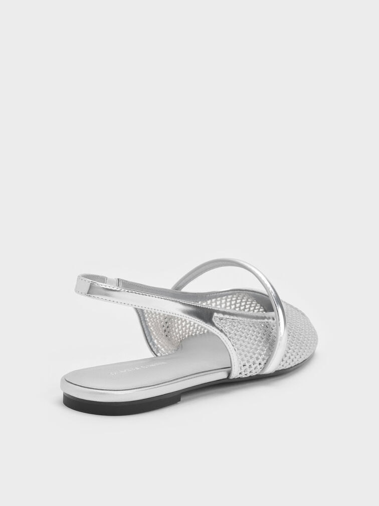 Sepatu Flats Mary Jane Slingback Mesh Ellory, Silver, hi-res