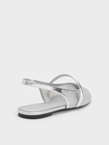 Sepatu Flats Mary Jane Slingback Mesh Ellory, Silver, hi-res