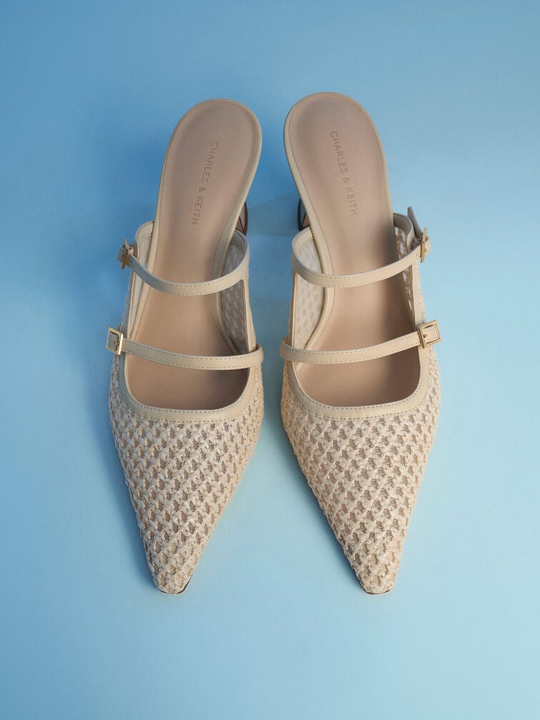 Sepatu Mules Pointed Sculptural-Heel Raffia, Beige, hi-res