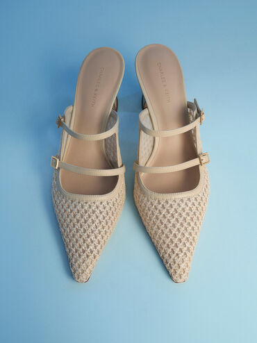 Sepatu Mules Pointed Sculptural-Heel Raffia, Beige, hi-res