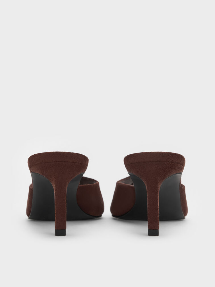 Faux Suede Pointed Peep-Toe Heeled Mules, Dark Brown, hi-res