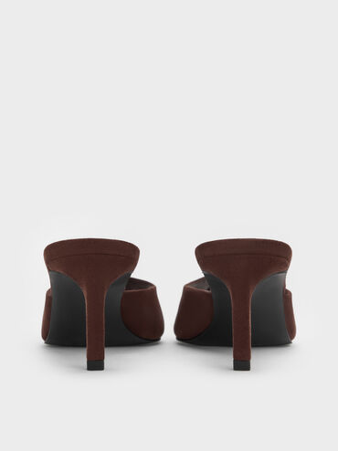 Faux Suede Pointed Peep-Toe Heeled Mules, Dark Brown, hi-res