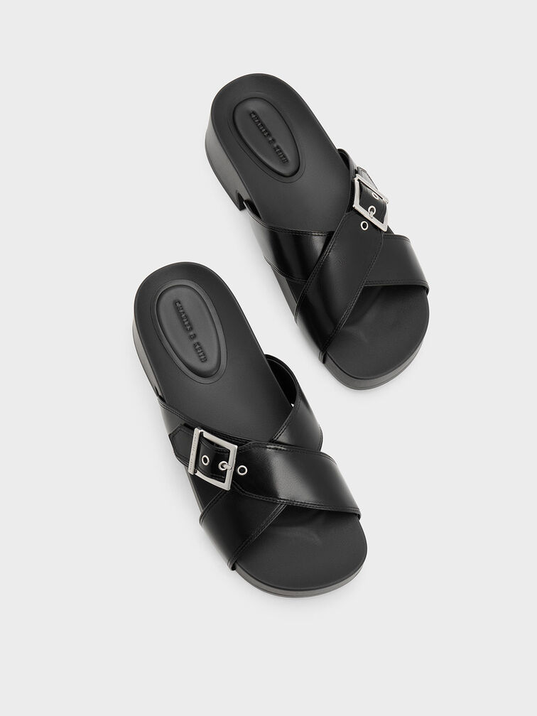 Buckled Crossover Platform Sandals, Black, hi-res