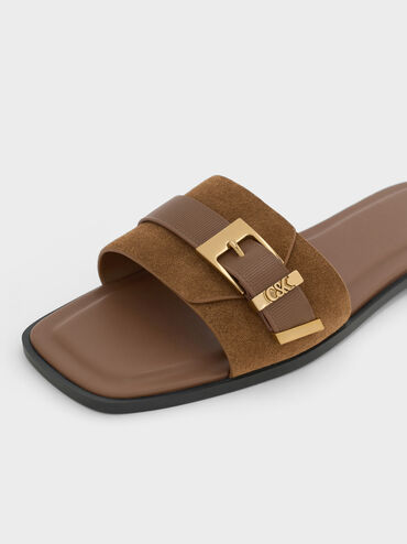 Whitney Suede & Leather Buckled Square-Toe Slide Sandals, Brown, hi-res
