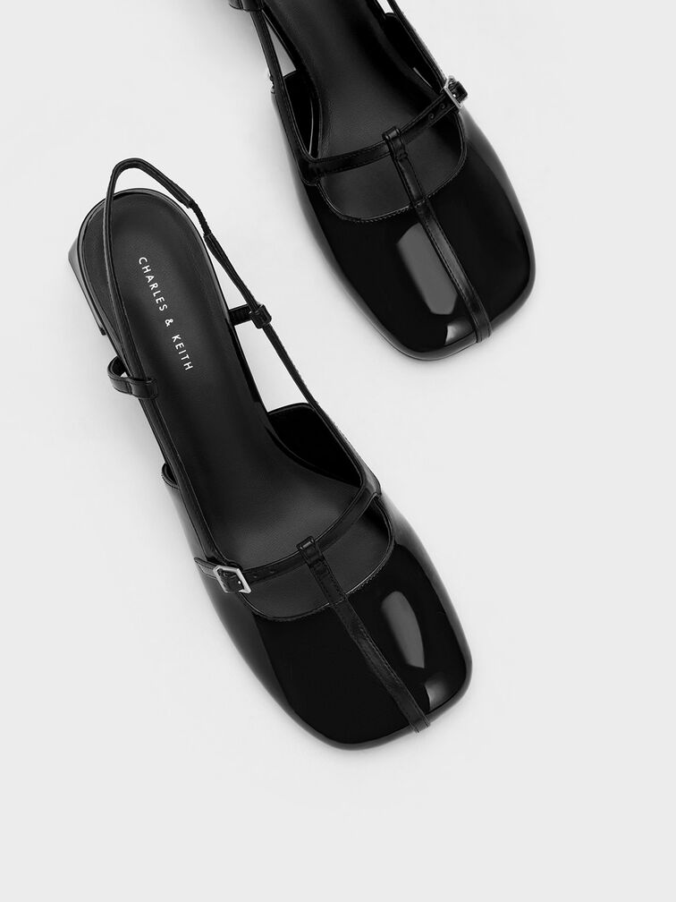 Sepatu Slingback Pumps Patent T-Bar, Black Patent, hi-res