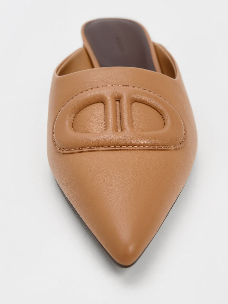 Sepatu Mules Oval Stitch-Trim Pointed-Toe, Camel, hi-res