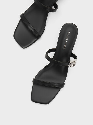 Sepatu Mules Double Strap Metallic Accent, Black, hi-res