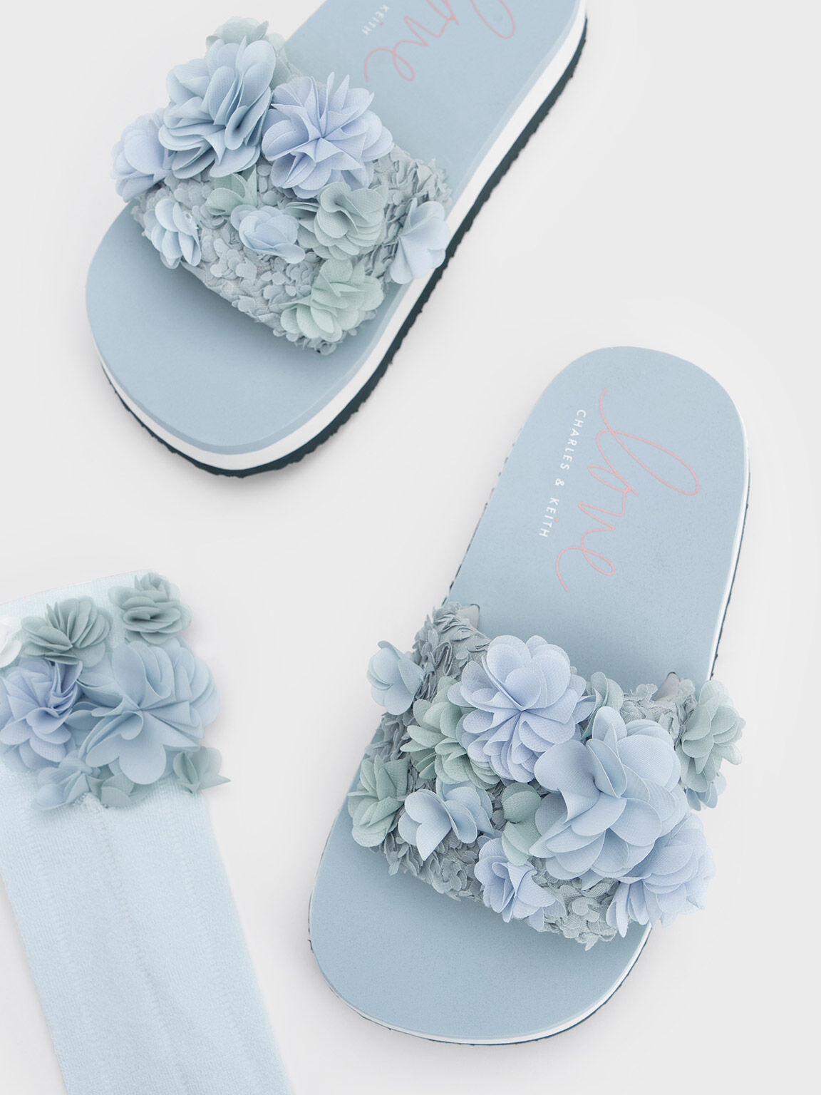 Floral Mesh Flatform Sandals, Light Blue, hi-res