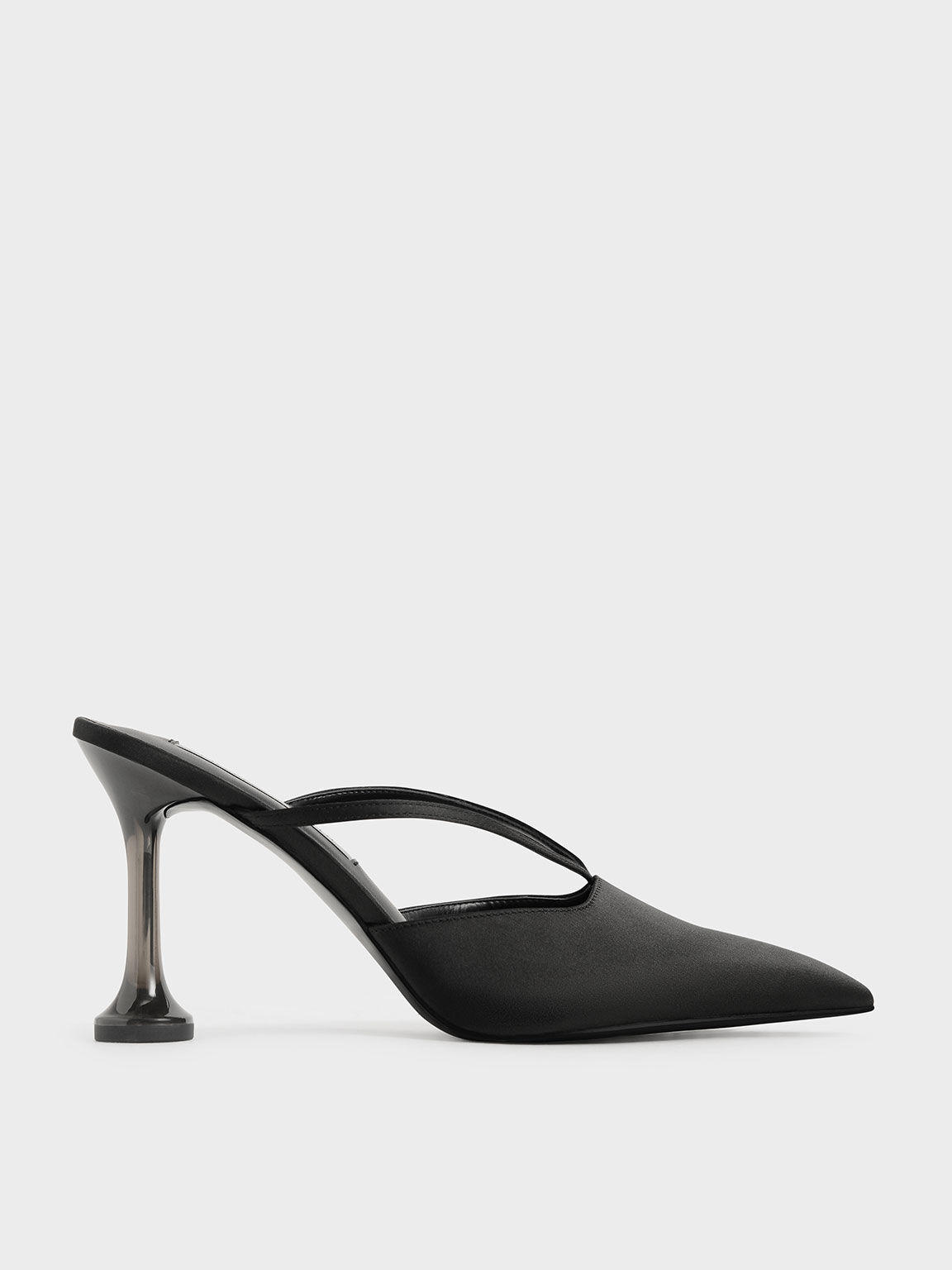 Sepatu Sculptural Heel Mules  Satin Strappy, Black, hi-res