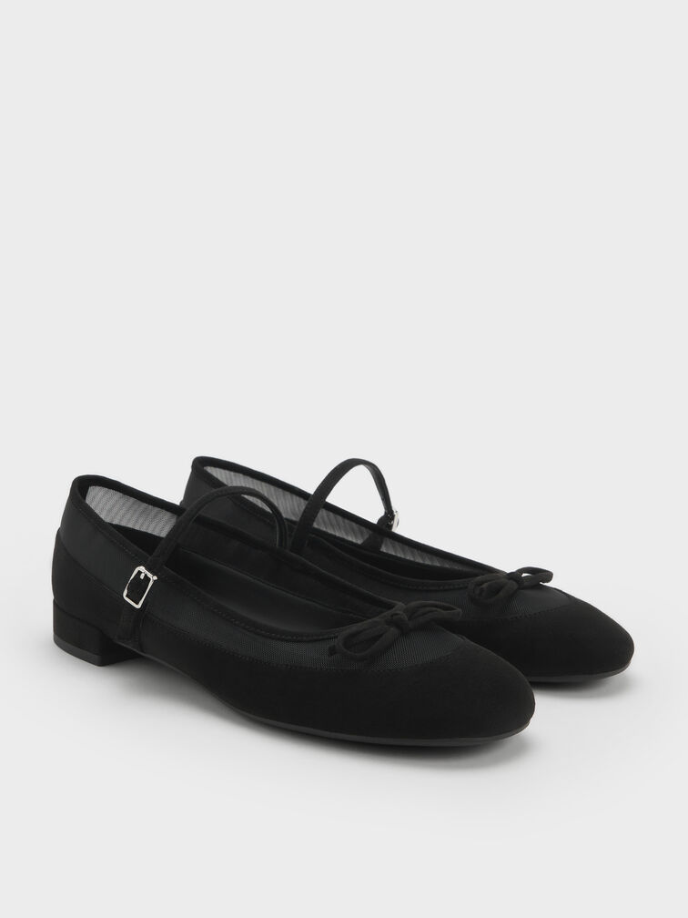 Sepatu Mary Janes Mulligan Faux Suede & Mesh, Black Textured, hi-res