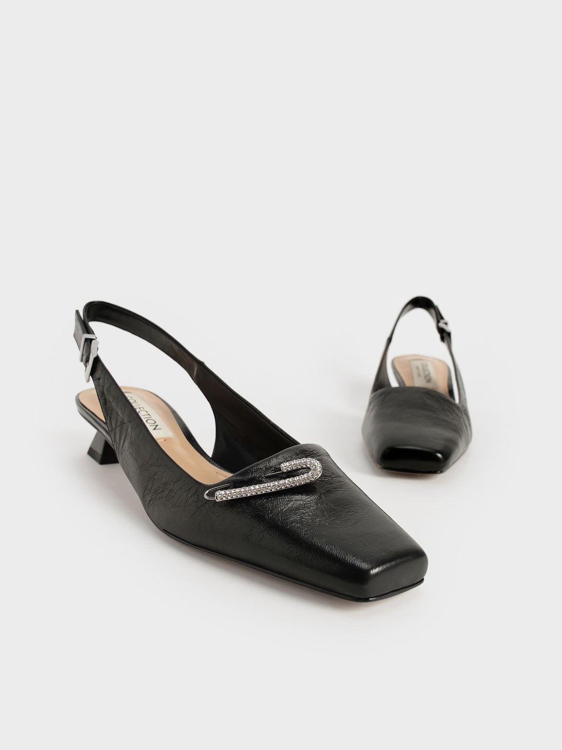 Sepatu Gem-Embellished Leather Slingback Pumps, Black, hi-res