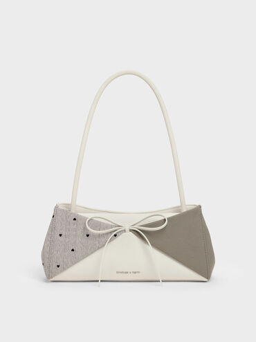 Tas Bahu Panelled Bow Heart-Print Hazel, Taupe, hi-res