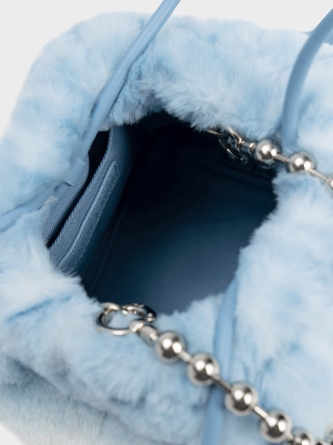 Tas Bucket Furry Beaded Handle Aldora, Light Blue, hi-res