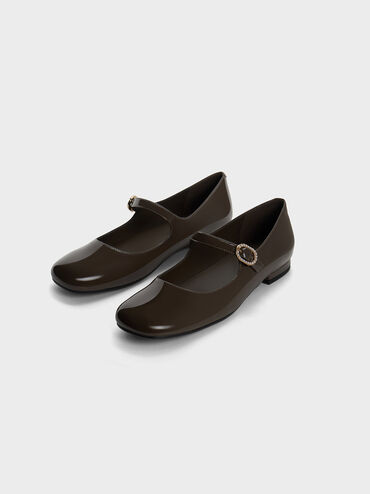 Sepatu Mary Janes Patent Pearl-Buckle, Brown, hi-res